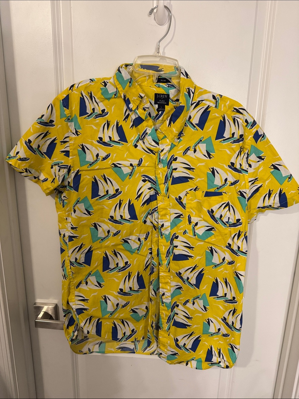 J. Crew Yellow Short-Sleeve Button-Down with Blue & Teal Sailboat Print